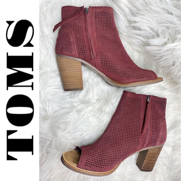 TOMS Majorca Peep Toe Burgundy Red Suede Perforated Ankle Bootie, Size 8.5 - Picture 2 of 10